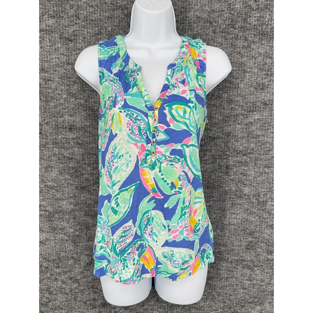 Lilly Pulitzer Tank Top Womens S Multicolor Floral Henley Sleeveless Cotton